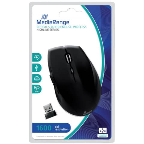 Mouse ottico Media Range 5 pulsanti, serie highline, wireless 1600 dpi nero MROS208